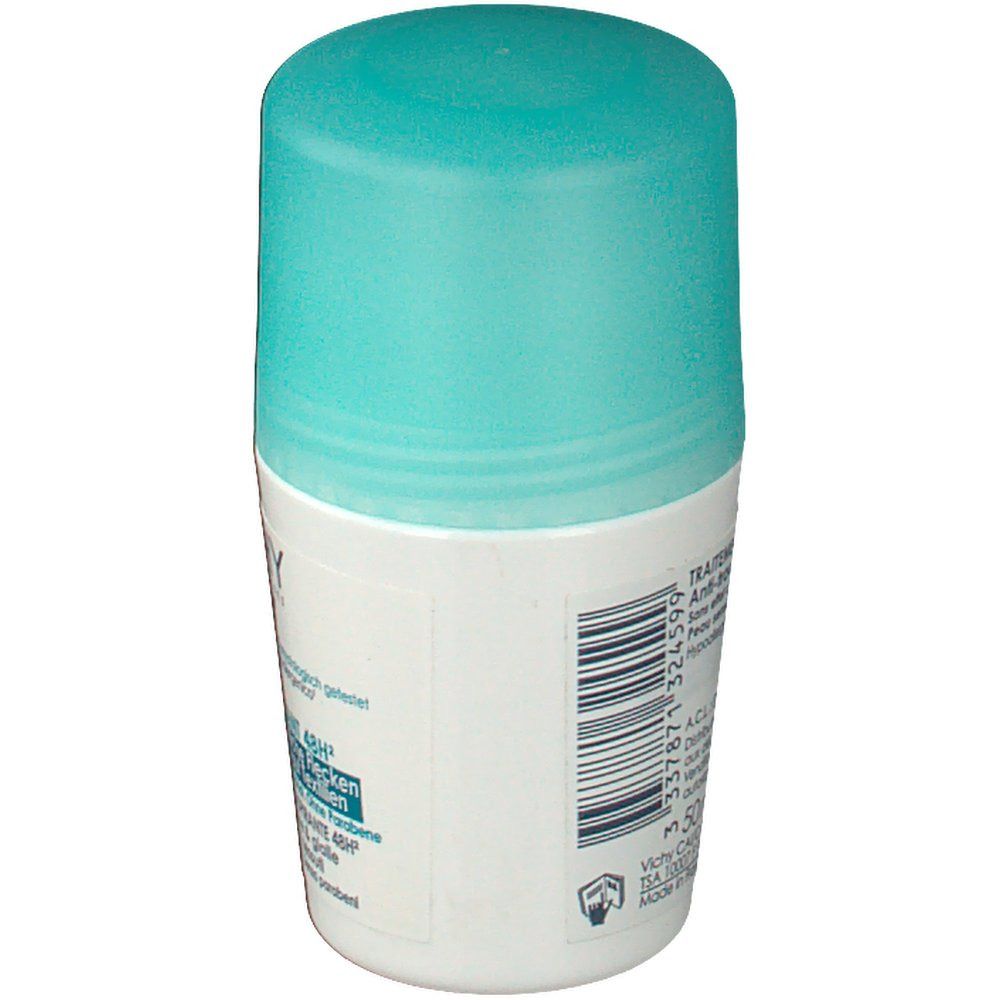 Deodorante roll-on con tappo blu. Codice a barre e testo sul contenitore bianco. Scritta: Anti-transpirant 48h.