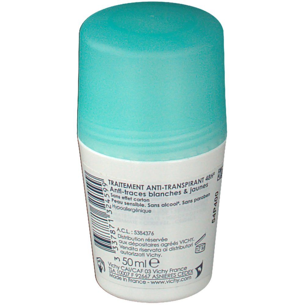Deodorante roll-on con tappo blu. Testo sul contenitore bianco. Scritta: Anti-transpirant 48h, 50ml.