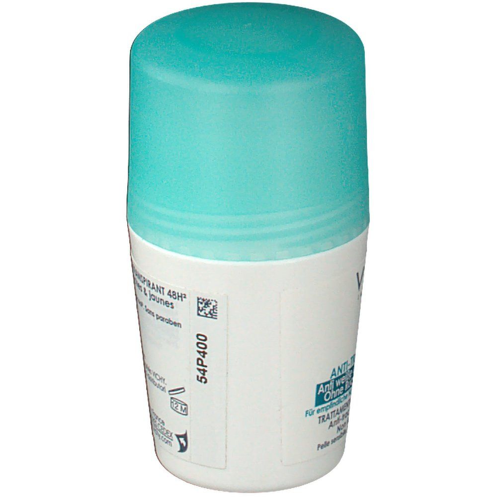Deodorante roll-on con tappo blu. Testo sul contenitore bianco. Scritta: Anti-transpirant 48h, 54P400.