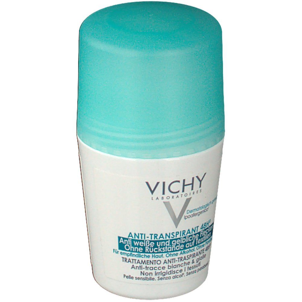 Deodorante roll-on con tappo blu. Scritta: VICHY, Anti-transpirant 48h. Logo: Dermatologisch getest.