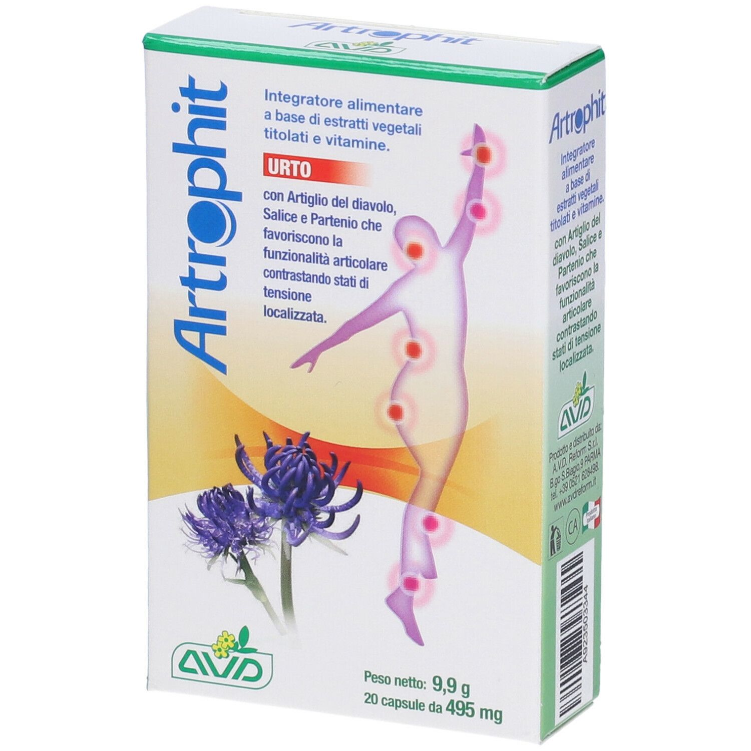 Scatola bianca con nome del prodotto e illustrazione. Testo in italiano. Contiene 20 capsule.