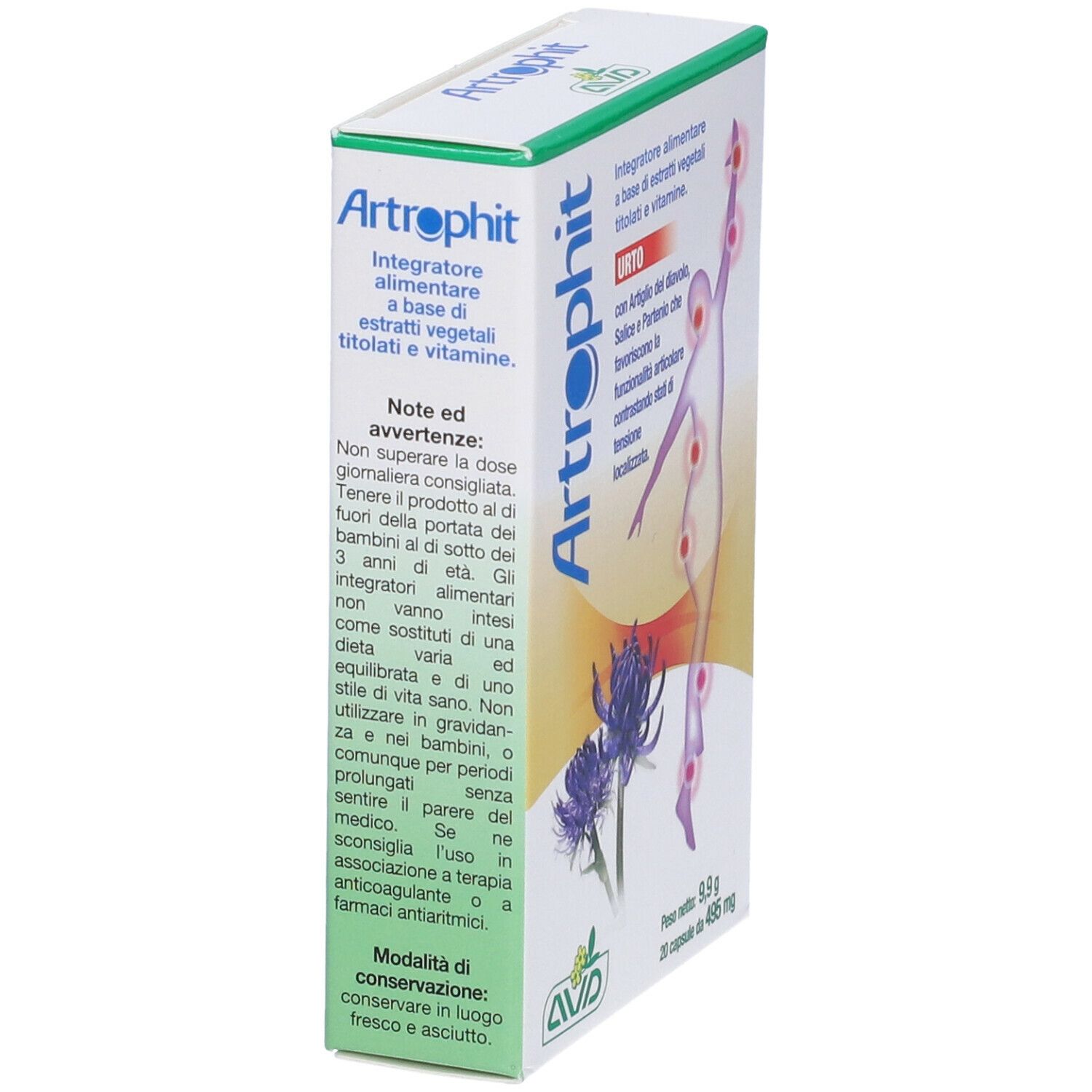 Scatola bianca con nome del prodotto e illustrazione. Testo in italiano. Contiene 20 capsule.