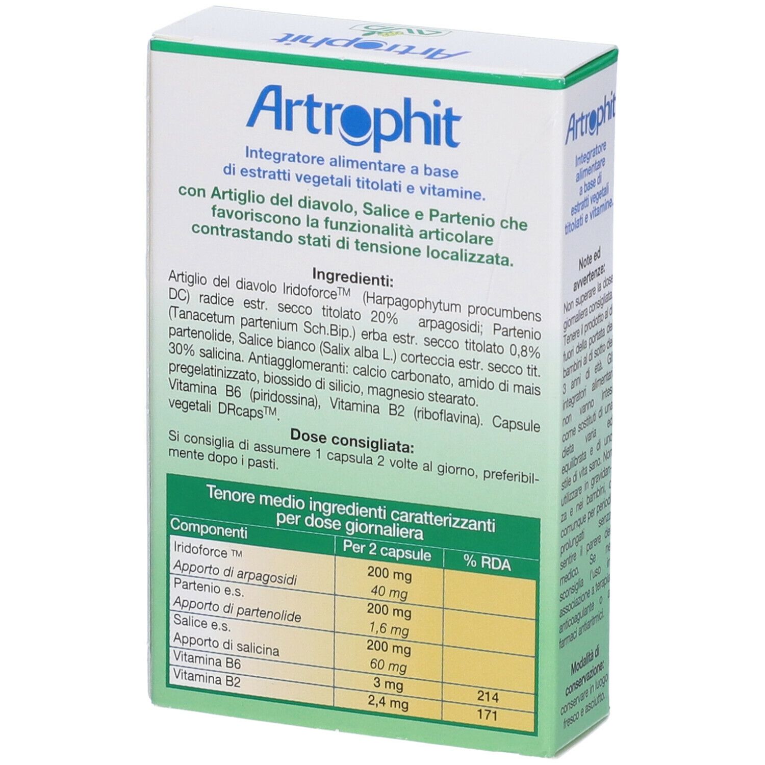 Scatola bianca con nome del prodotto e illustrazione. Testo in italiano. Contiene 20 capsule.