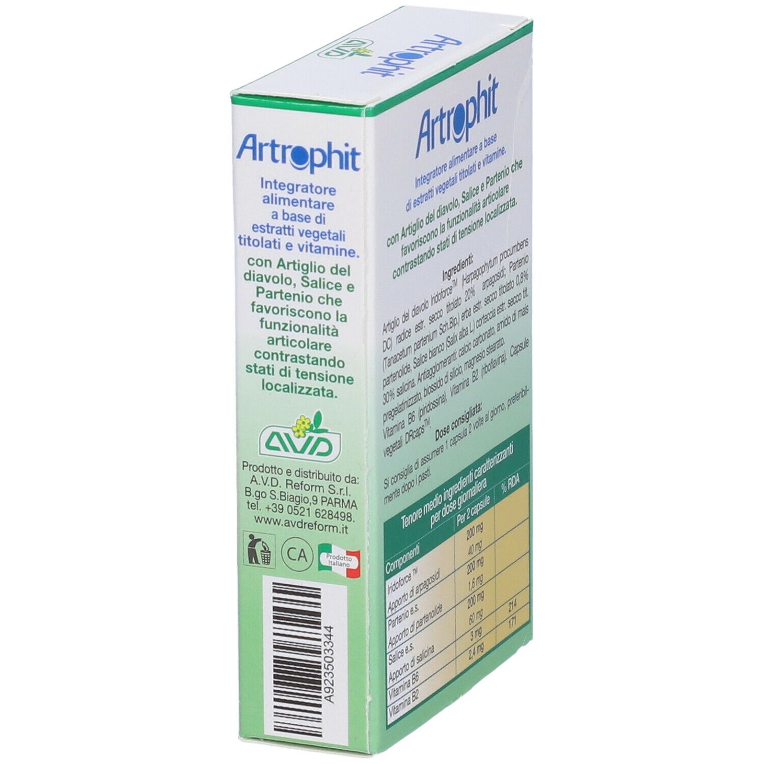 Scatola bianca con nome del prodotto e illustrazione. Testo in italiano. Contiene 20 capsule.