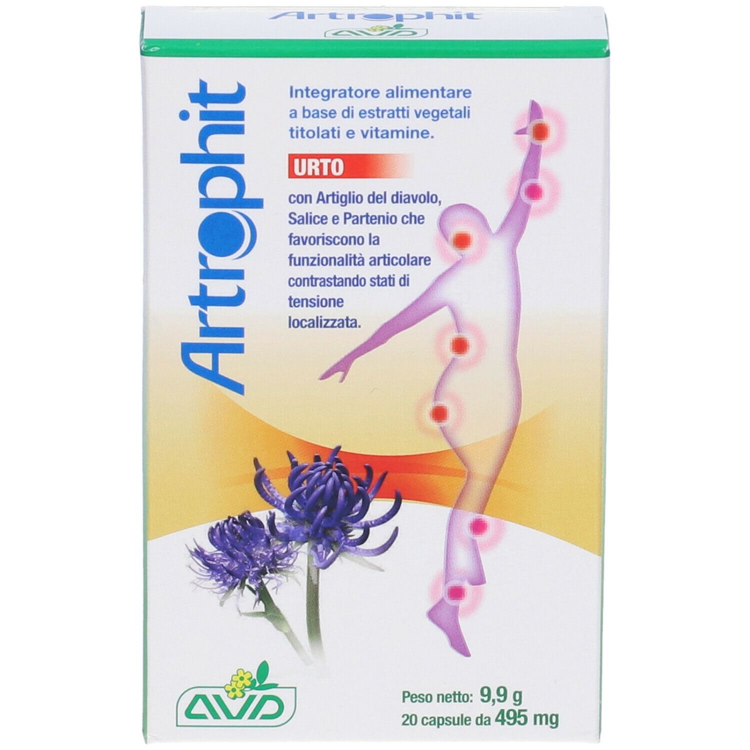 Scatola bianca con nome del prodotto e illustrazione. Testo in italiano. Contiene 20 capsule.