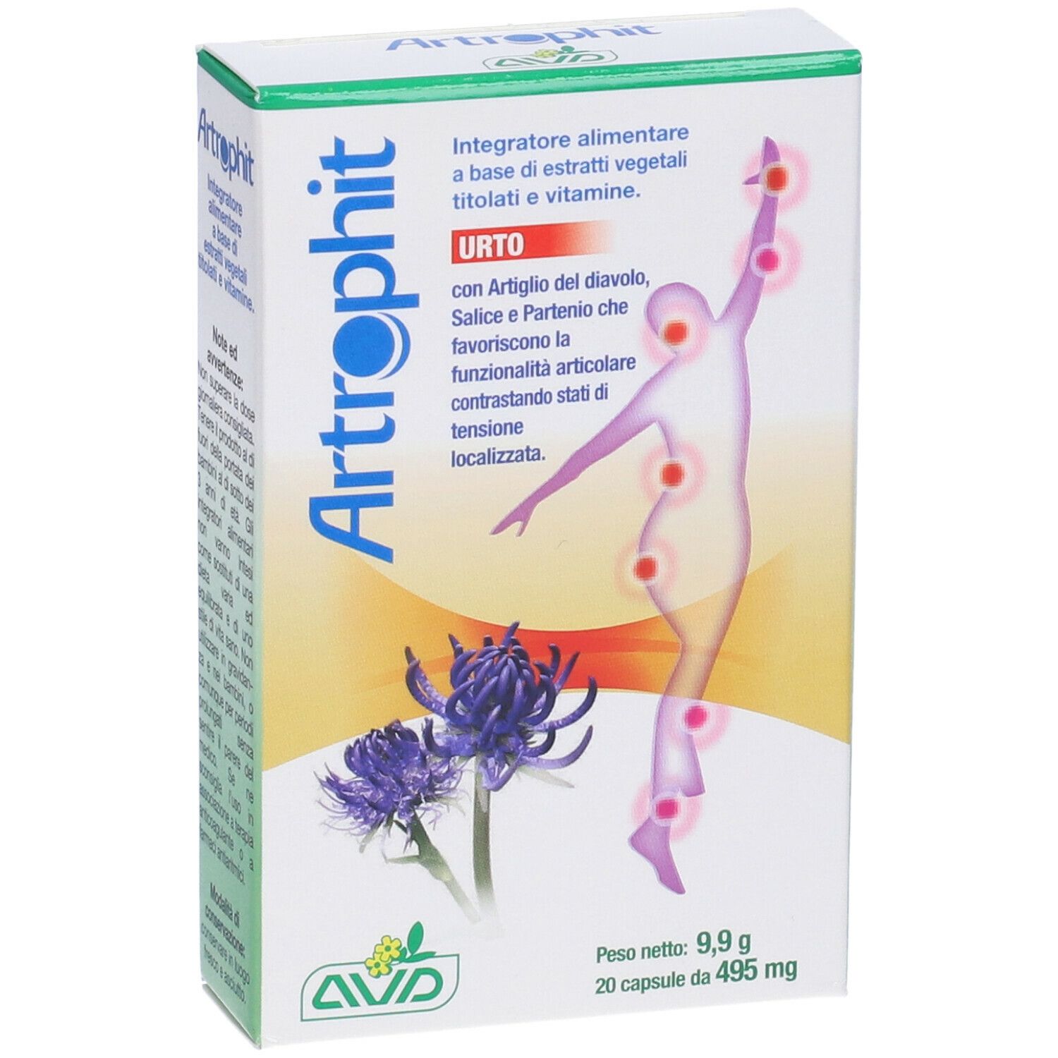 Scatola bianca con nome del prodotto e illustrazione. Testo in italiano. Contiene 20 capsule.