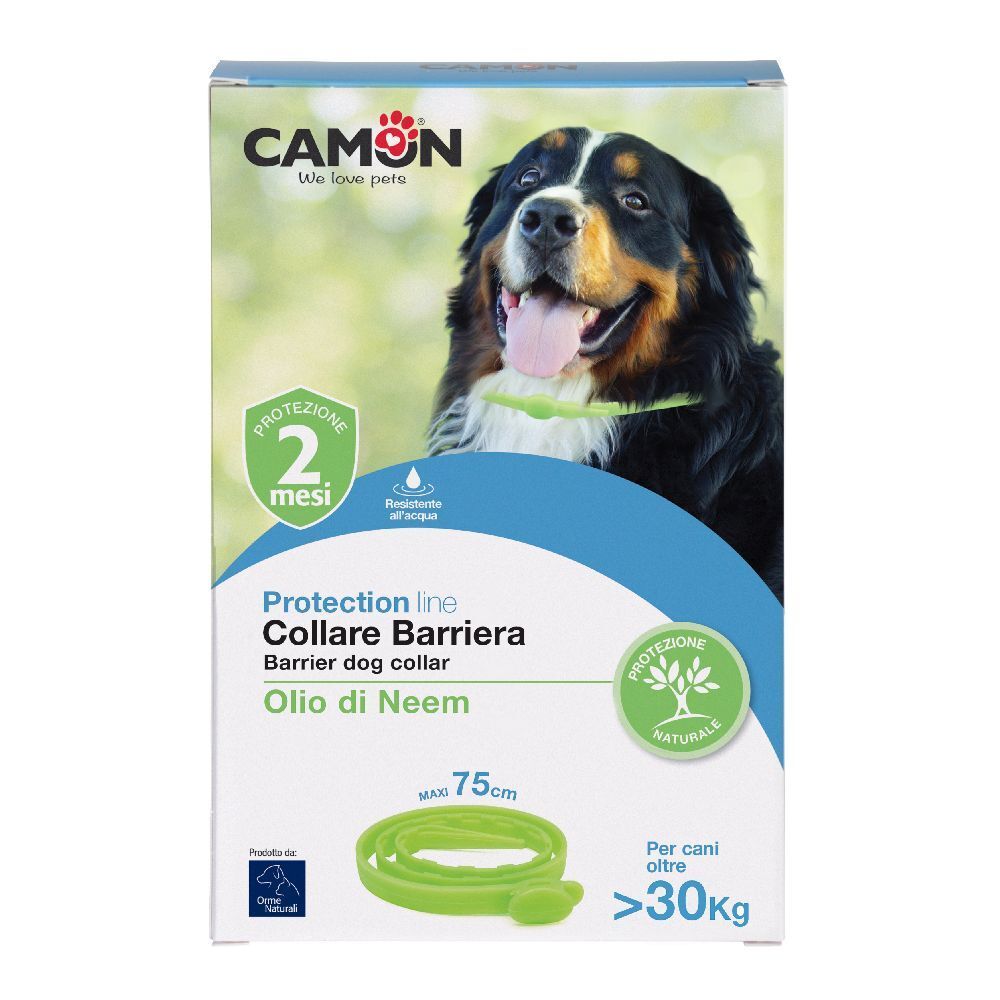 Confezione collare barriera per cani. Scritta: Protection line, Collare Barriera, Oilo di Neem, 75 cm. Per cani oltre 30 kg.