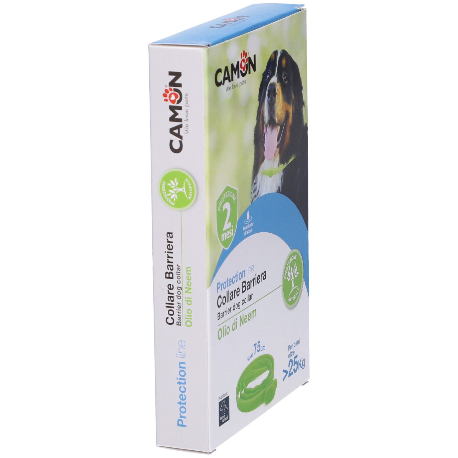 Confezione collare barriera per cani. Scritta: Protection line, Collare Barriera, Oilo di Neem, 75 cm. Per cani oltre 25 kg.