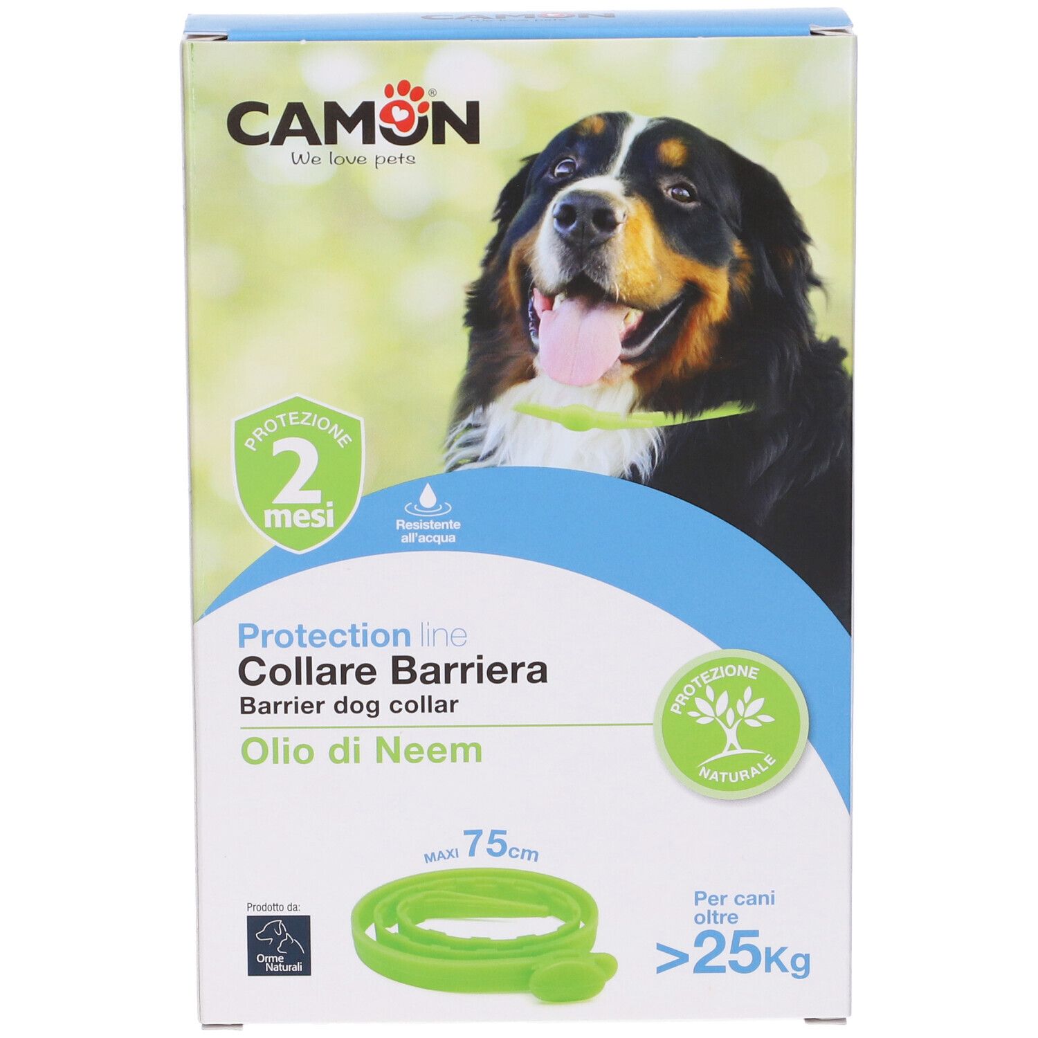 Vista laterale della confezione collare barriera per cani. Scritta: Protection line, Collare Barriera, Oilo di Neem.