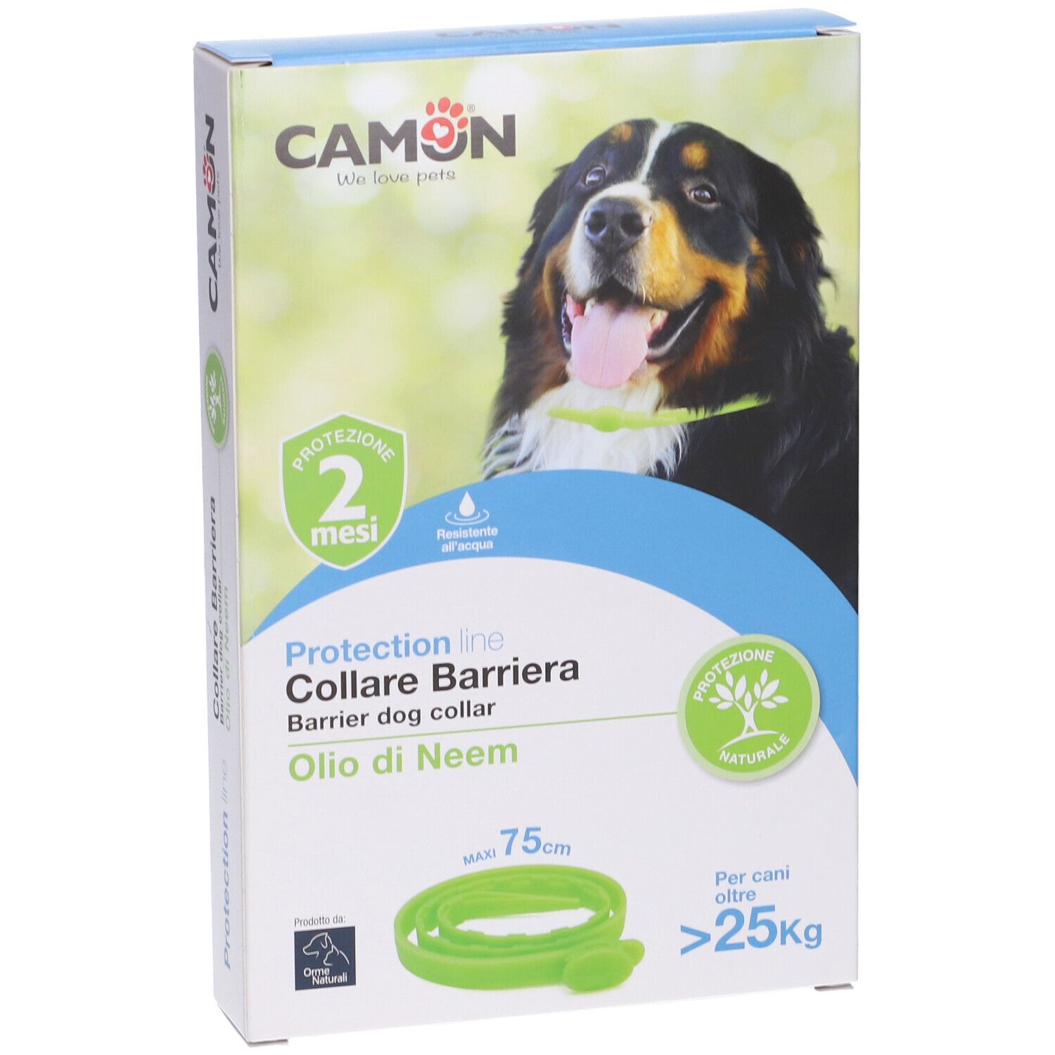 Confezione collare barriera per cani. Scritta: Protection line, Collare Barriera, Oilo di Neem, 75 cm. Per cani oltre 25 kg.