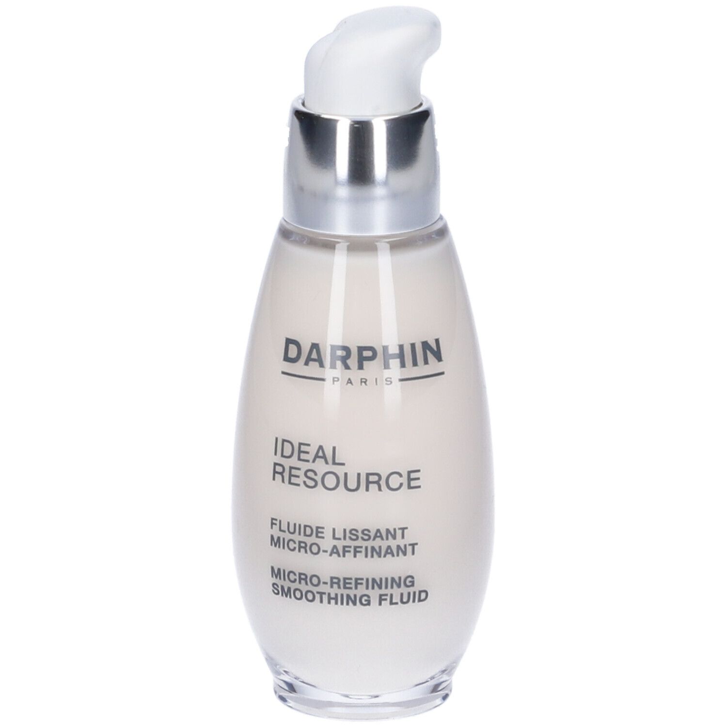 Flacone ovale con dosatore a pompa. Scritte: Darphin, Ideal Resource, Fluido Levigante Micro-Affinate.