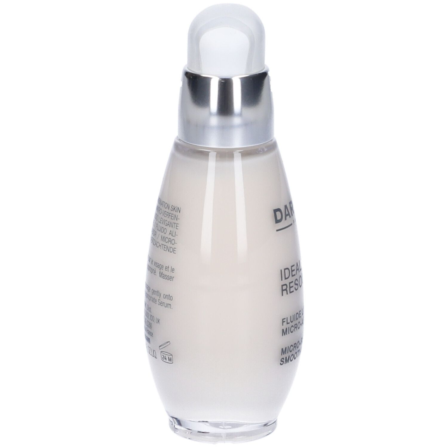 Retro di un flacone ovale con dosatore a pompa. Testo: Darphin, Ideal Resource, Fluido Levigante Micro-Affinate, ingredienti.