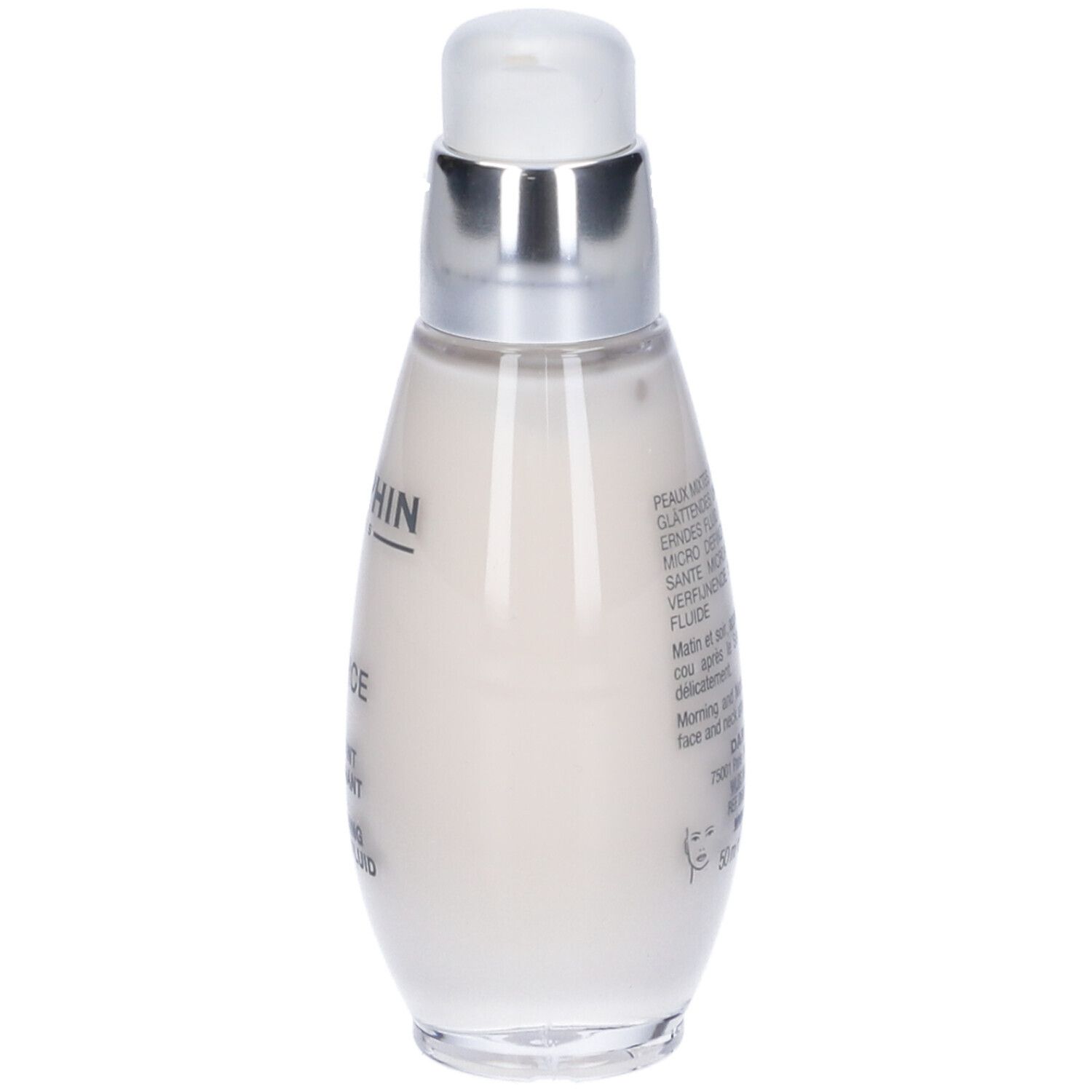 Retro di un flacone con dosatore a pompa. Testo: Darphin, Ideal Resource, Fluido Levigante Micro-Affinate, istruzioni per l'uso.