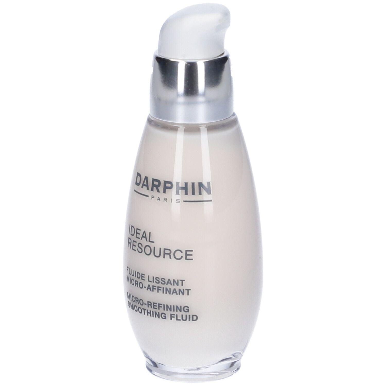 Flacone ovale con dosatore a pompa. Scritte: Darphin, Ideal Resource, Fluido Levigante Micro-Affinate.