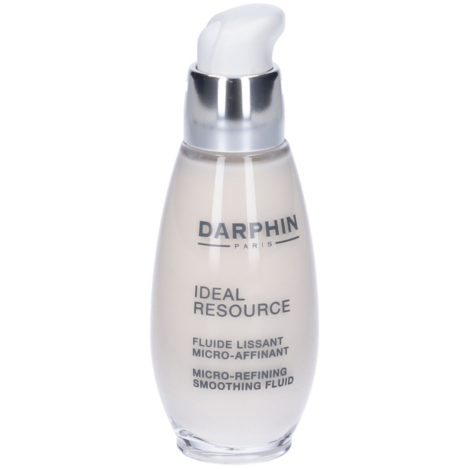 Flacone ovale con dosatore a pompa. Scritte: Darphin, Ideal Resource, Fluido Levigante Micro-Affinate.