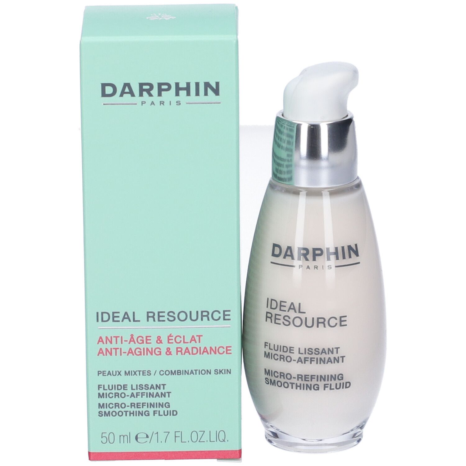 Prodotto e confezione. Flacone con dosatore a pompa e scatola. Scritte: Darphin, Ideal Resource, Anti-Age & Eclat.
