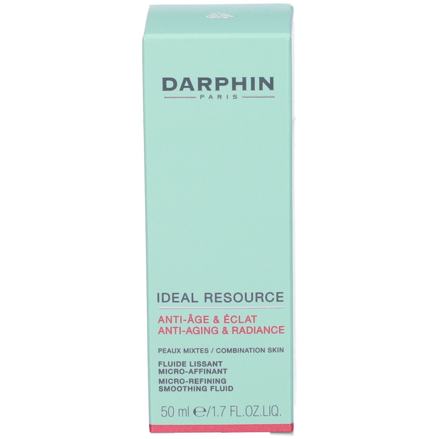 Confezione in cartone. Scritte: Darphin, Ideal Resource, Anti-Age & Eclat, Fluido Levigante Micro-Affinate.