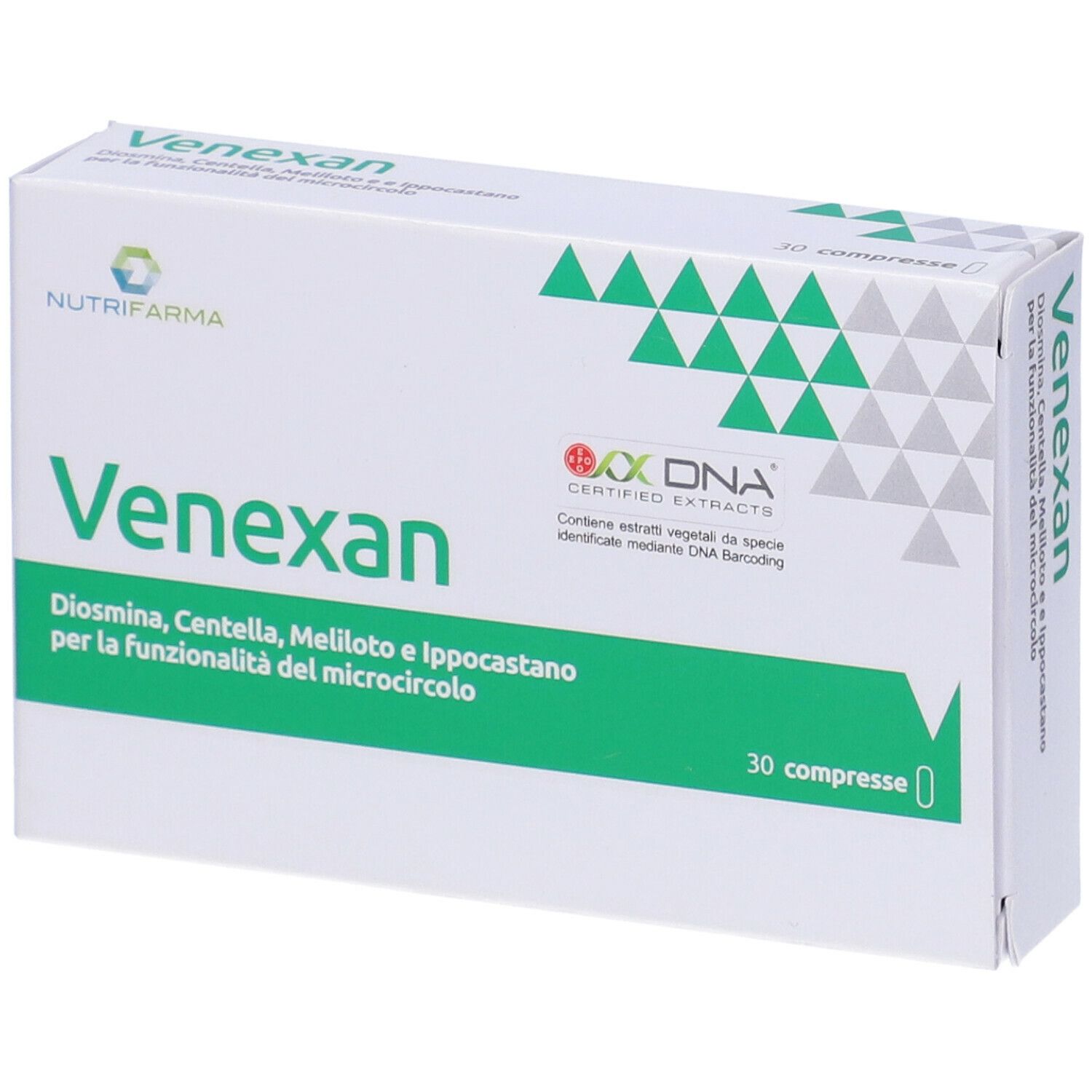 Scatola di compresse Venexan. Scritta: Venexan, 30 compresse. Loghi: Nutrifarma, certificazione DNA.