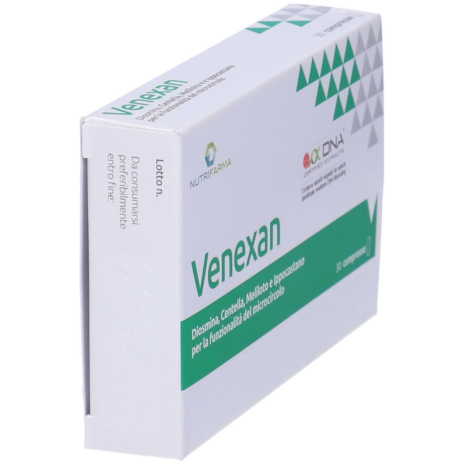 Scatola di compresse Venexan, angolata. Scritta: Venexan, 30 compresse. Loghi: Nutrifarma, certificazione DNA.