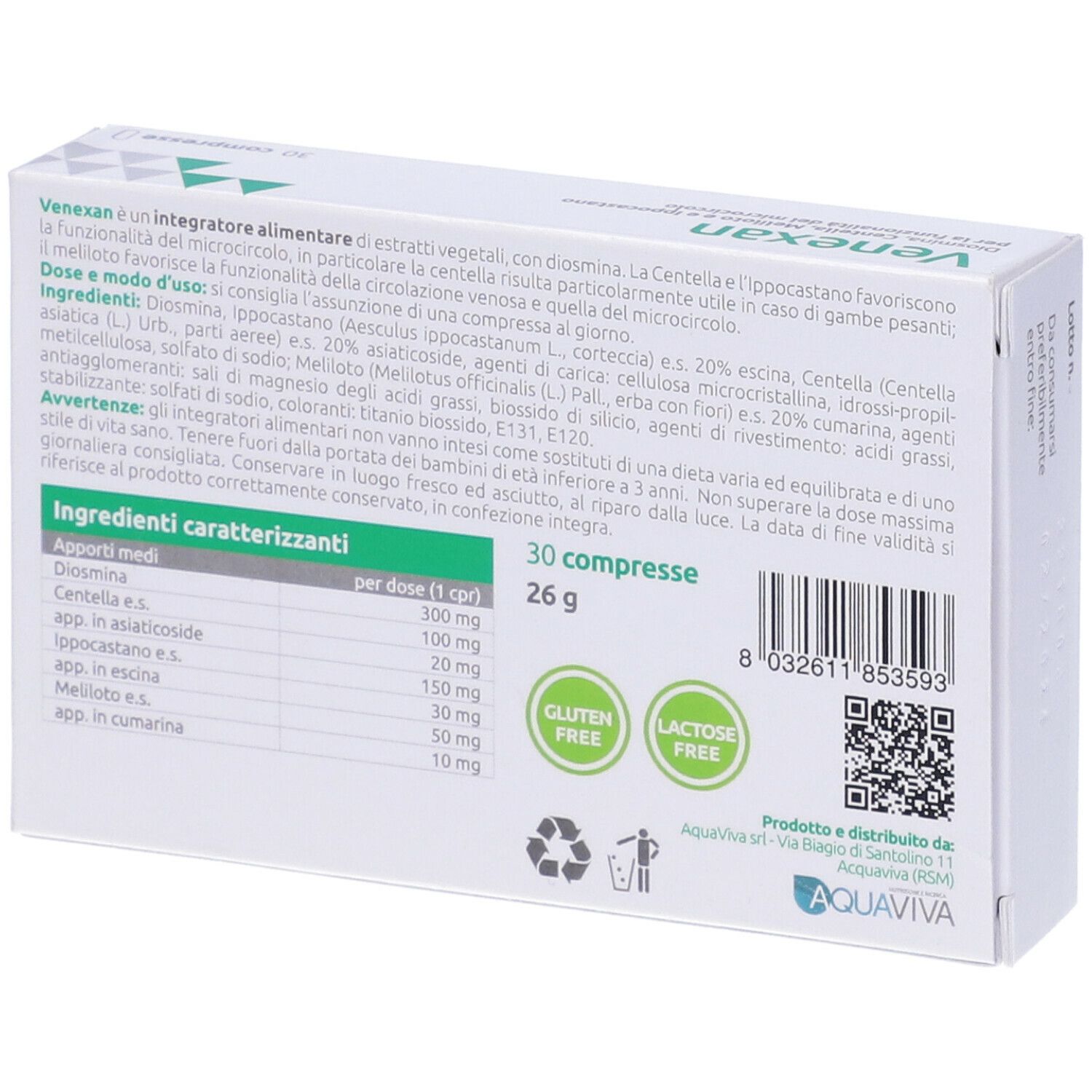 Retro della scatola di compresse Venexan. Testo: ingredienti, 30 compresse, senza glutine, senza lattosio. QR code.