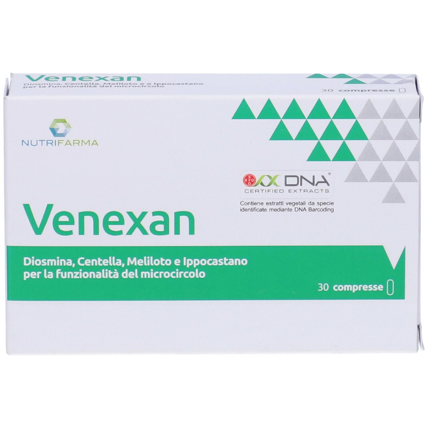 Scatola di compresse Venexan. Scritta: Venexan, 30 compresse. Loghi: Nutrifarma, certificazione DNA.