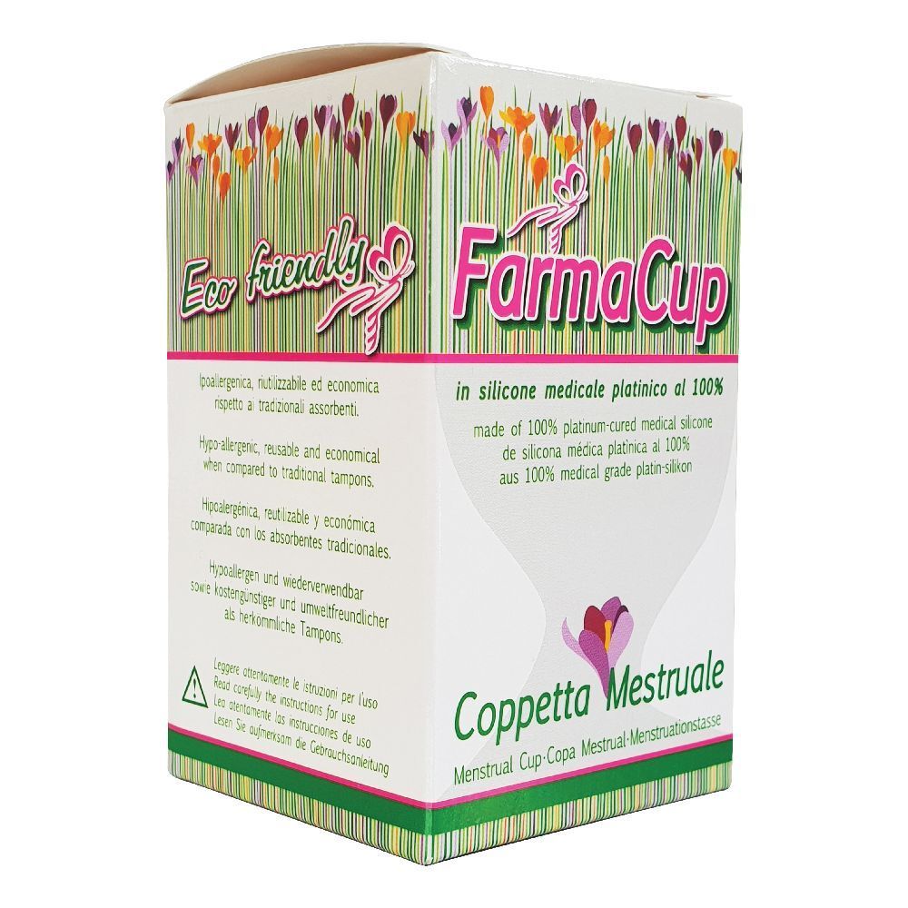 Confezione Coppetta Mestruale Farmacup Grande. Scatola bianca con nome prodotto e design floreale. Testo multilingue.