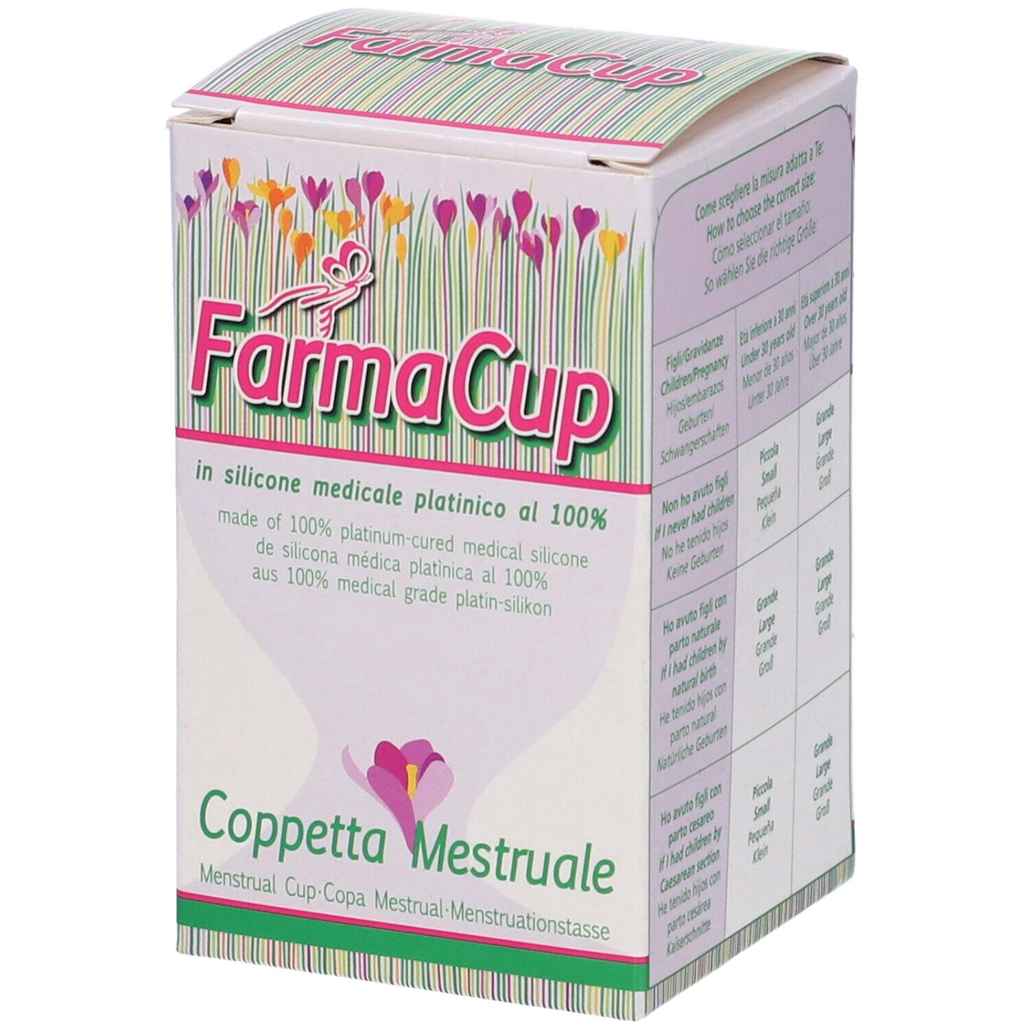 Confezione aperta Coppetta Mestruale Farmacup Grande. Scatola bianca con nome prodotto e design floreale. Testo multilingue.