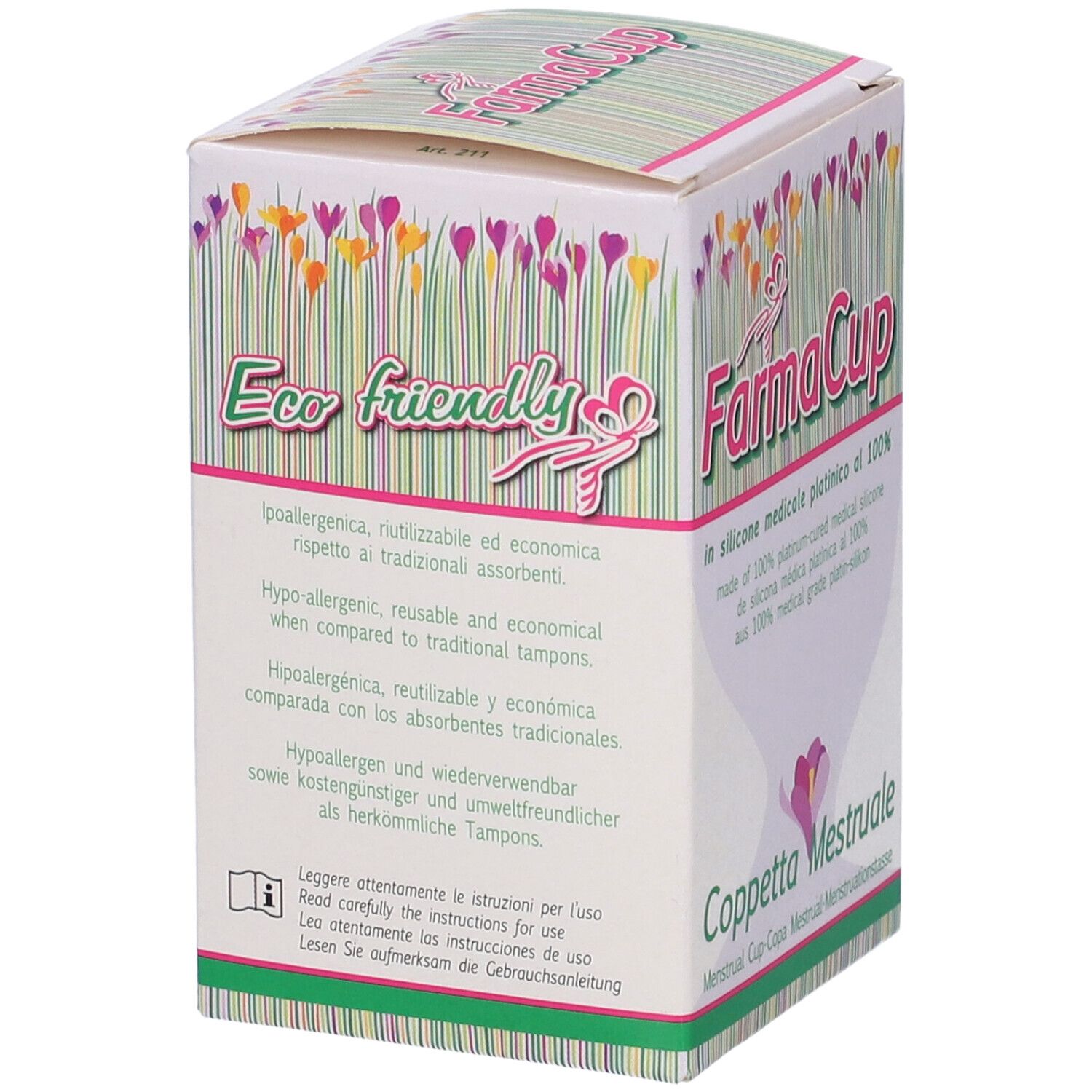 Confezione Coppetta Mestruale Farmacup Grande. Scatola bianca con nome prodotto e design floreale. Testo multilingue.