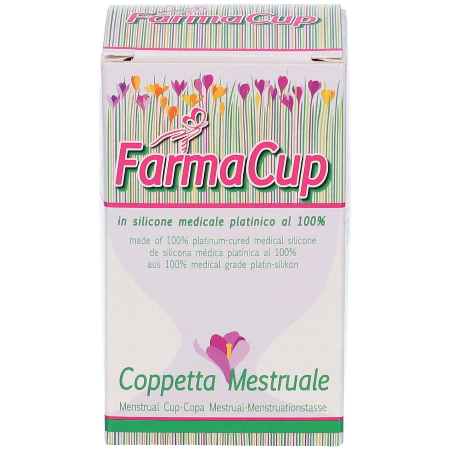 Confezione Coppetta Mestruale Farmacup Grande. Scatola bianca con nome prodotto e design floreale. Testo multilingue.