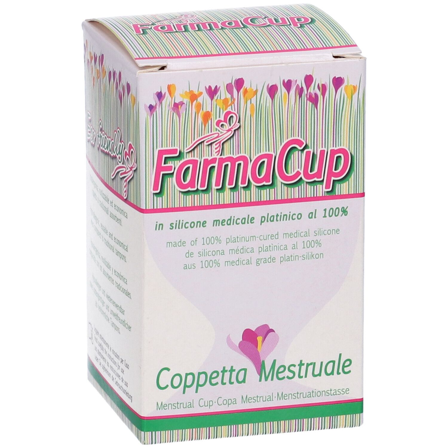 Confezione Coppetta Mestruale Farmacup Grande. Scatola bianca con nome prodotto e design floreale. Testo multilingue.