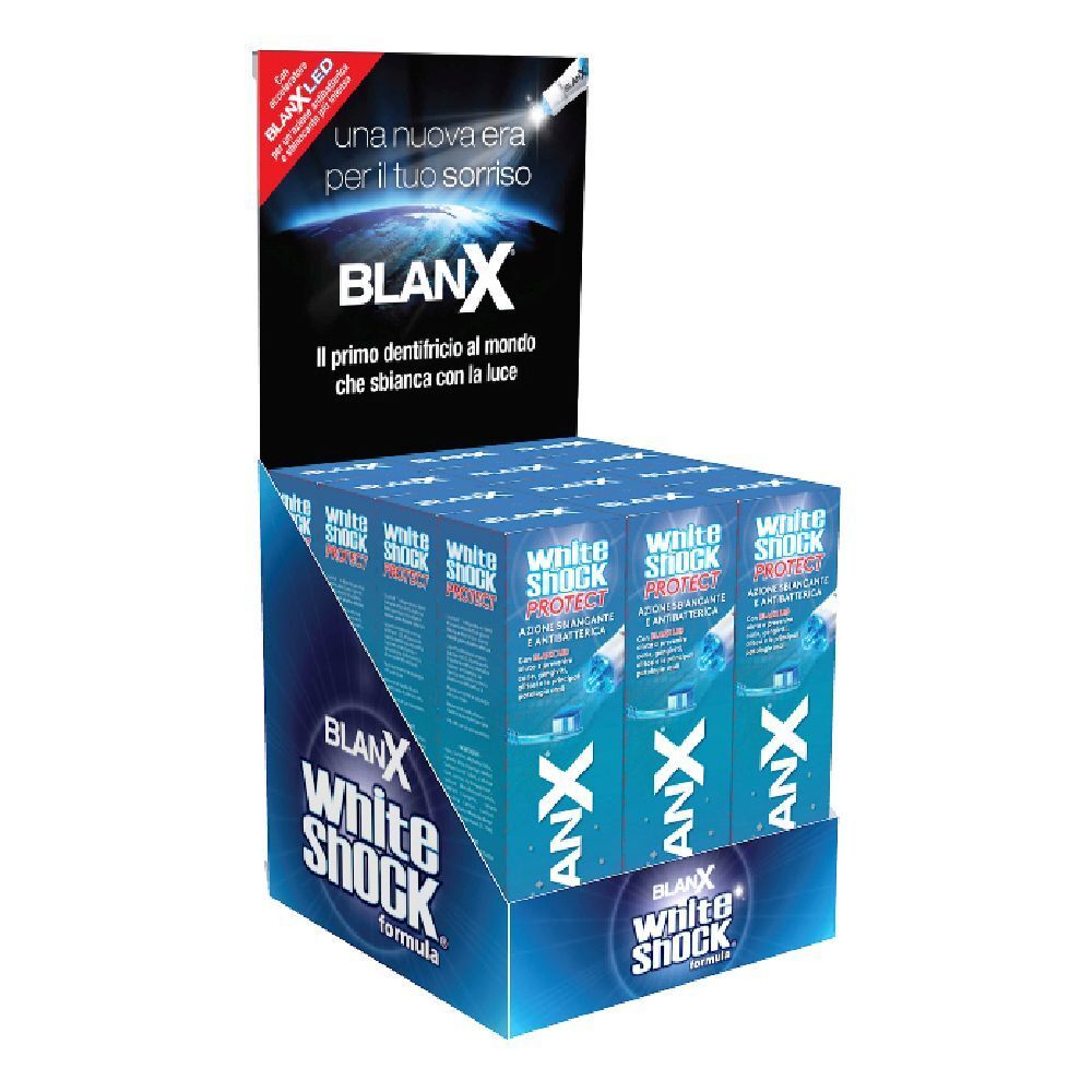 Présentoir de dentifrice avec plusieurs tubes. Emballage bleu avec texte blanc. Marque : BlanX White Shock.
