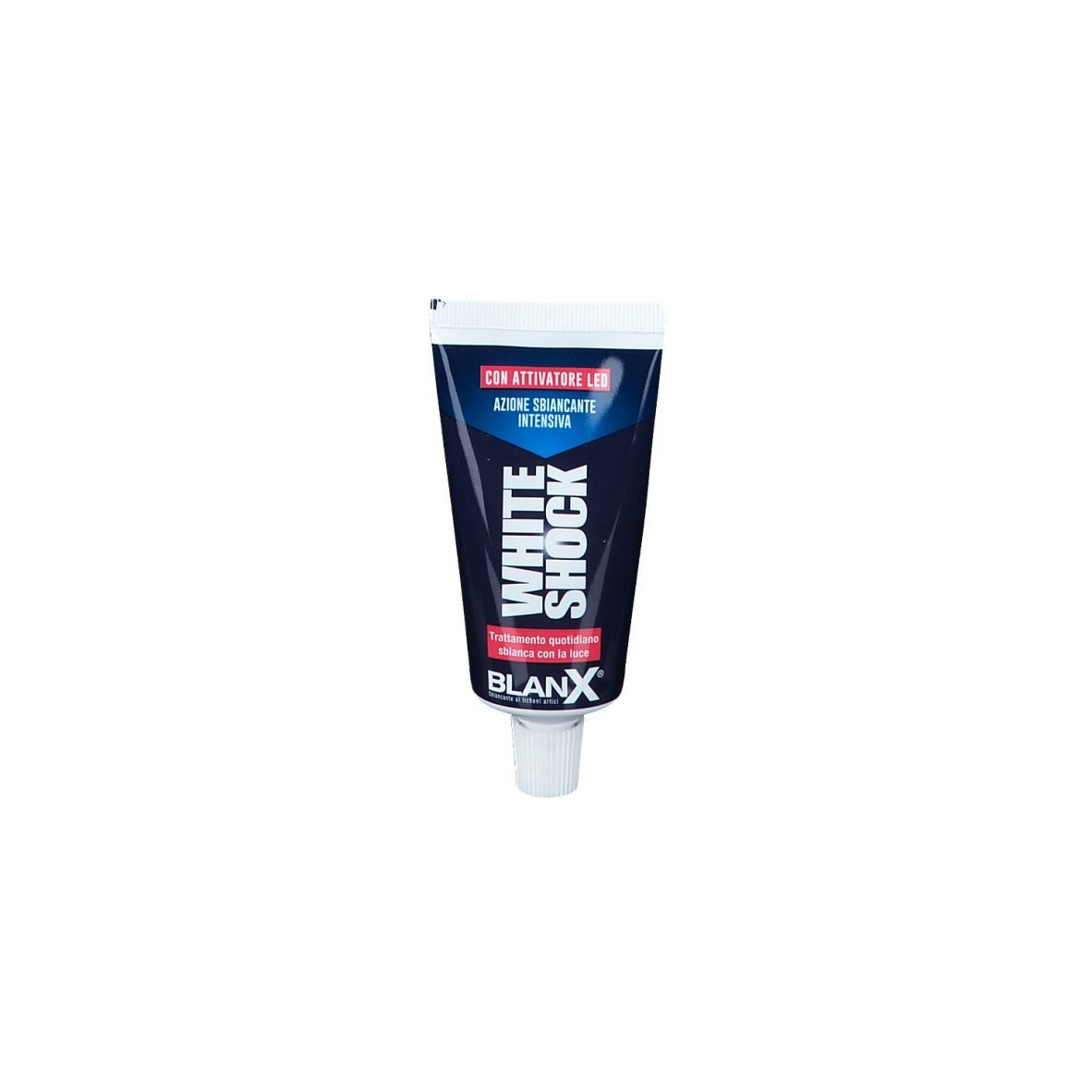 Tube de dentifrice, bleu et blanc. Inscription : White Shock. Marque : BlanX. Avec activateur LED.