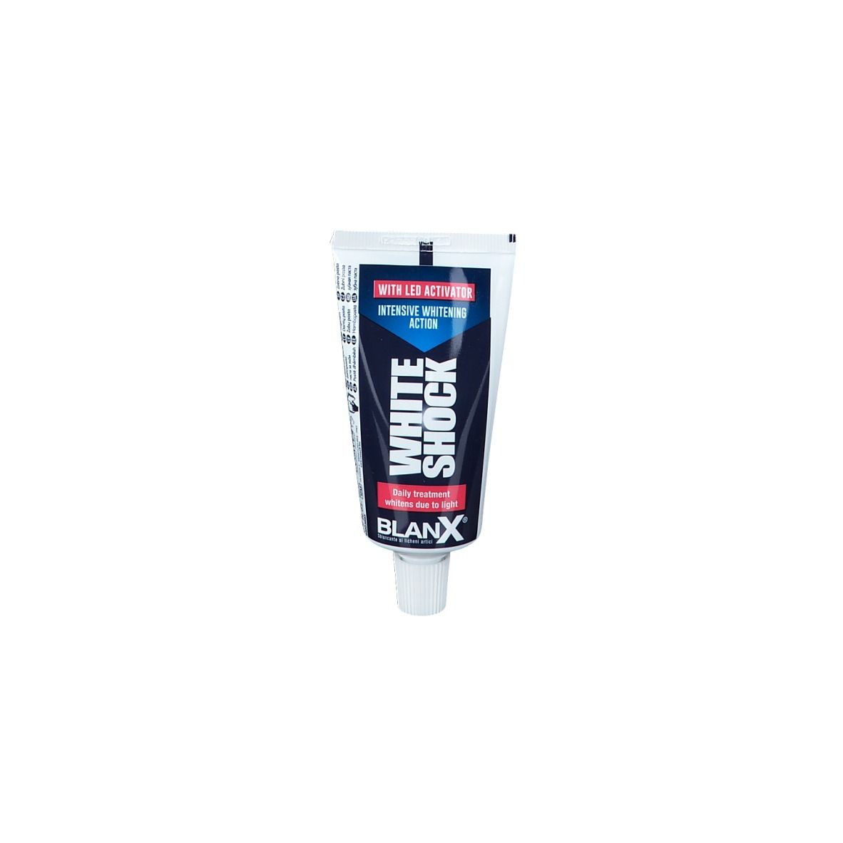 Tube de dentifrice, bleu et blanc. Inscription : White Shock. Marque : BlanX. Avec activateur LED.
