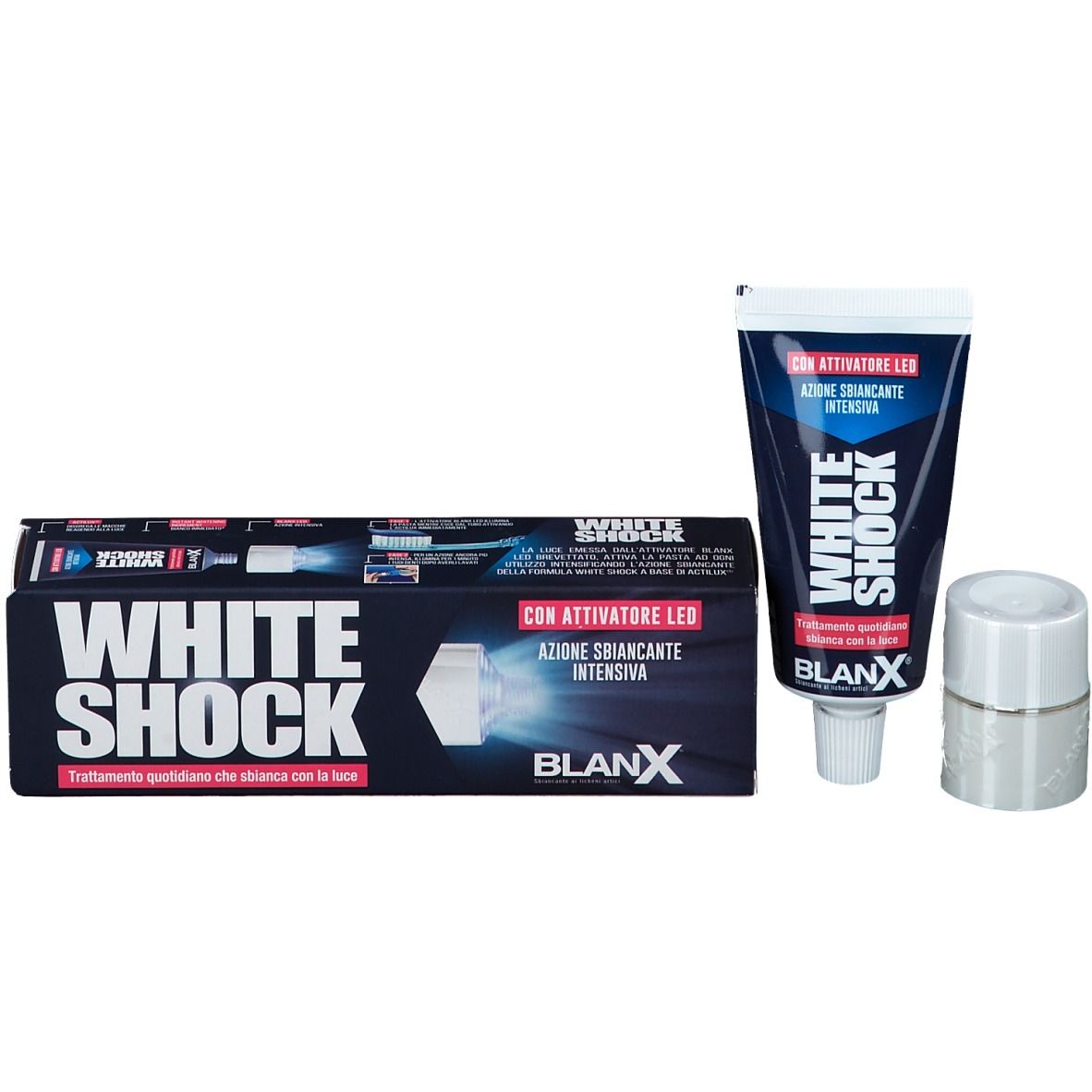 Tube de dentifrice, boîte et couvercle. Inscription : White Shock. Marque : BlanX. Avec activateur LED.