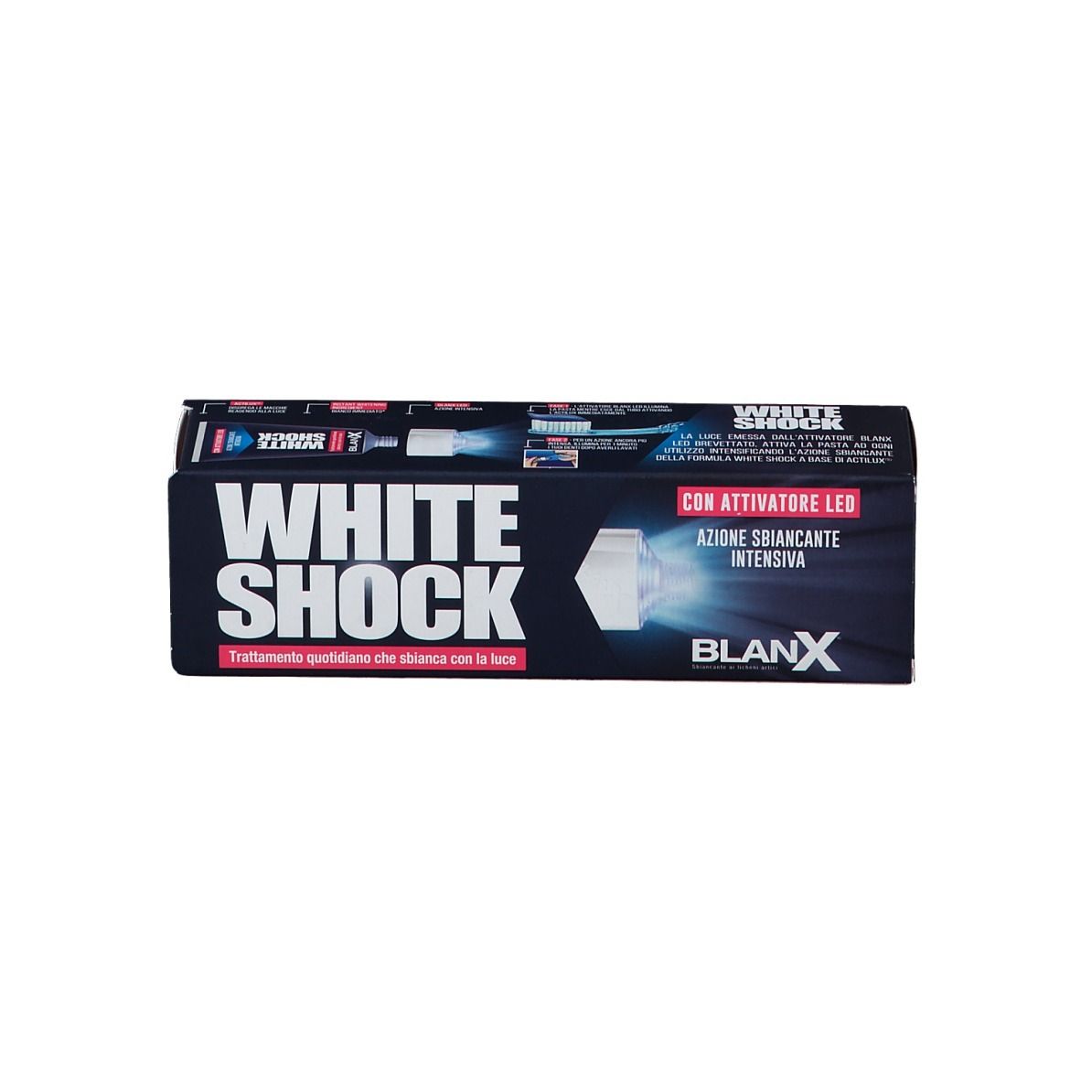 Boîte de dentifrice, bleu et blanc. Inscription : White Shock. Marque : BlanX. Avec activateur LED.