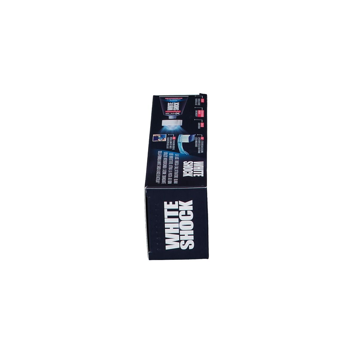 Boîte de dentifrice, bleu et blanc. Inscription : White Shock. Marque : BlanX. Avec activateur LED.