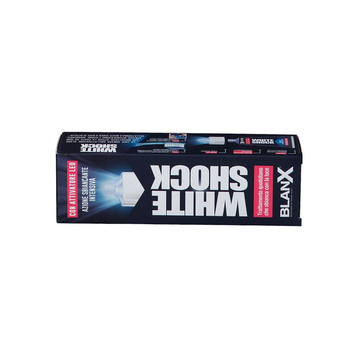 Boîte de dentifrice, bleu et blanc. Inscription : White Shock. Marque : BlanX. Avec activateur LED.