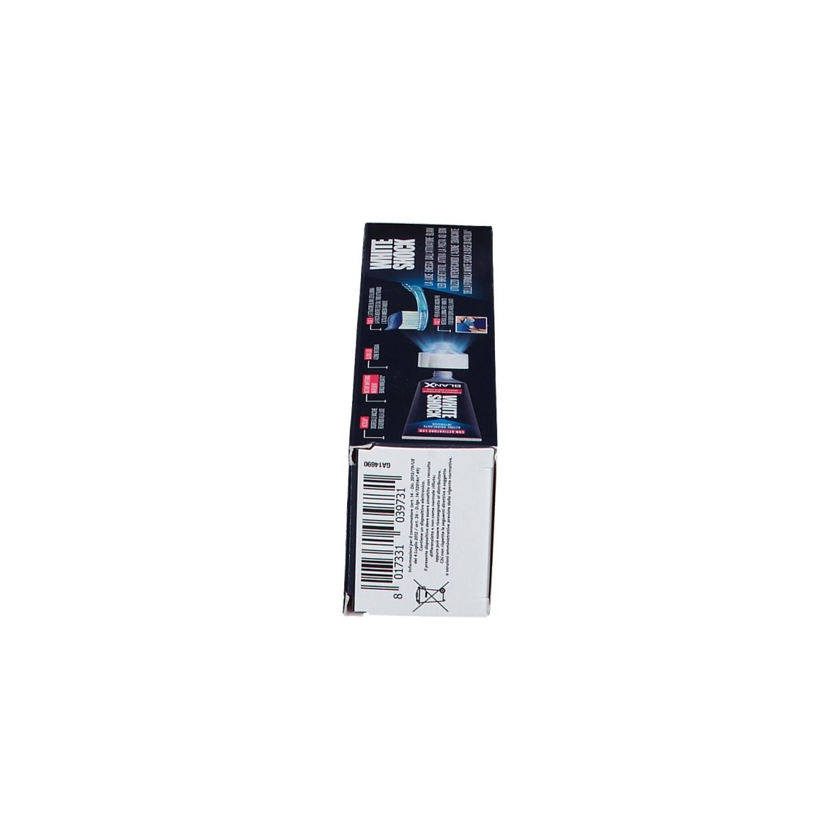Boîte de dentifrice, bleu et blanc. Inscription : White Shock. Marque : BlanX. Avec activateur LED.
