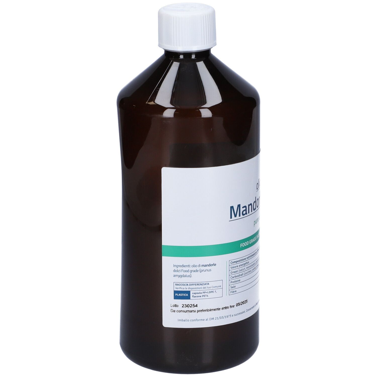 Bottiglia marrone con tappo bianco ed etichetta. L'etichetta riporta "Olio di Mandorla Dolce".