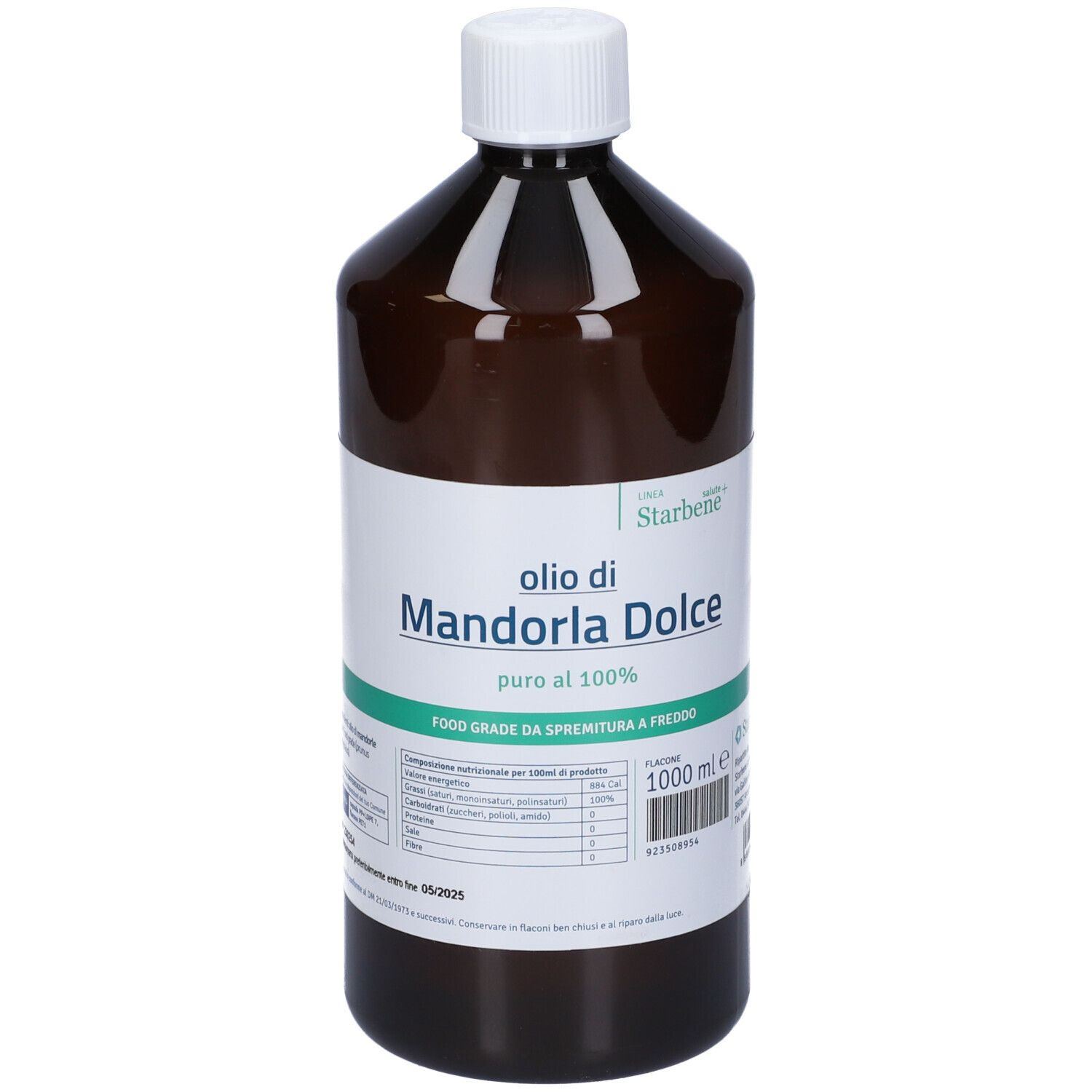 Bottiglia marrone con tappo bianco. L'etichetta riporta "Olio di Mandorla Dolce" e "Starbene".