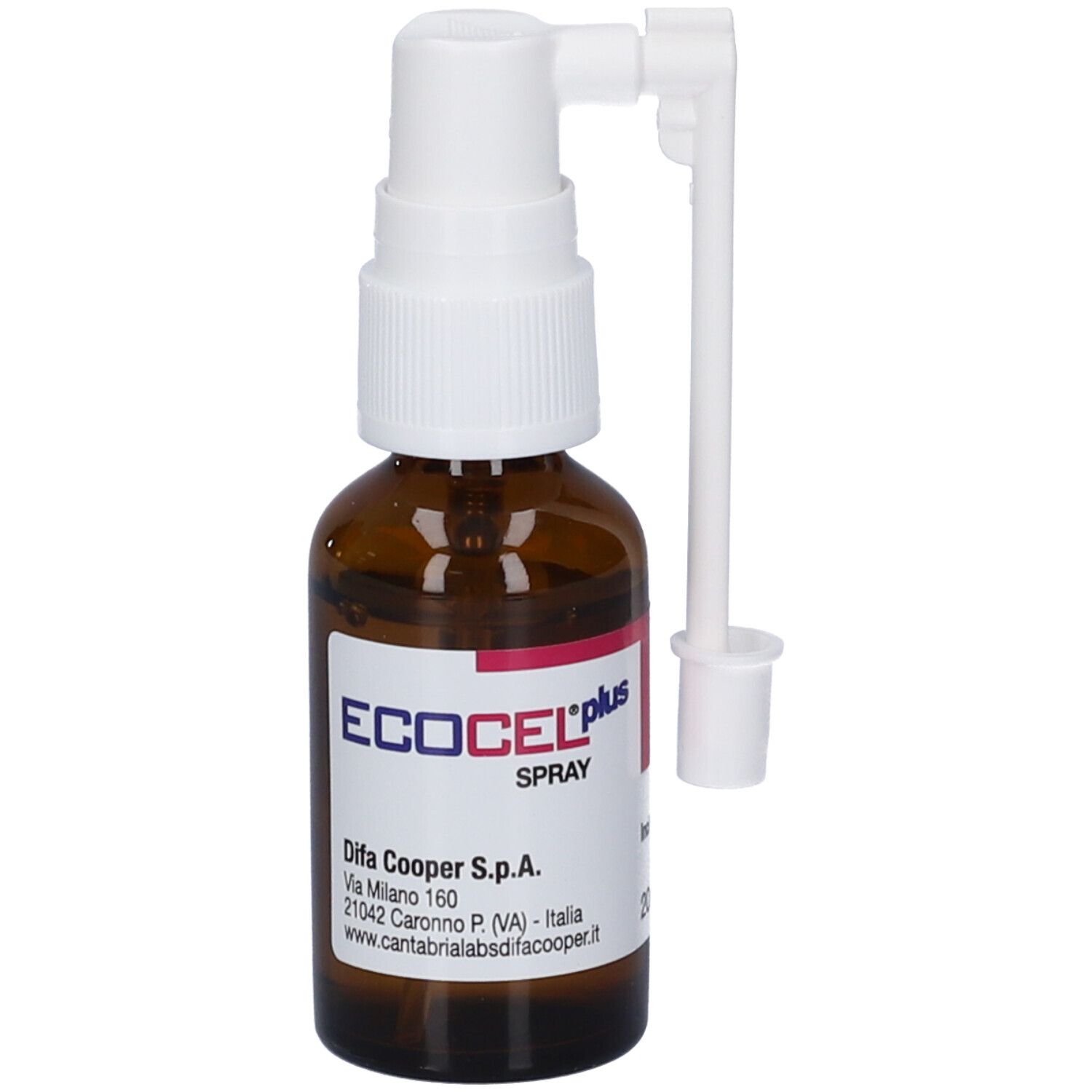 ECOCELplus SPRAY. Braune Glasflasche mit weißem Sprühkopf und Applikator. Difa Cooper S.p.A.