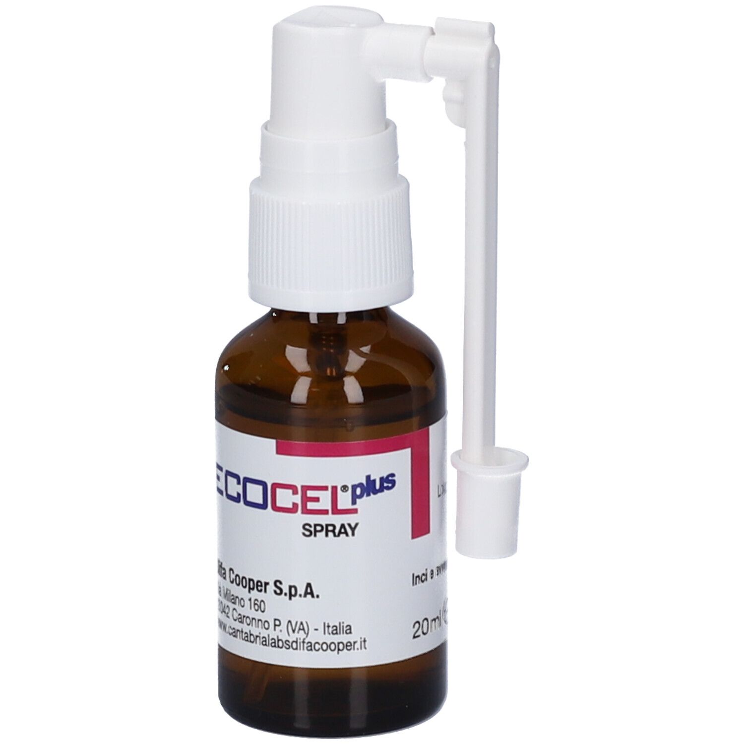 ECOCEL plus SPRAY Flasche mit weißem Sprühkopf und Applikator. Braunes Glas, weißes Etikett.