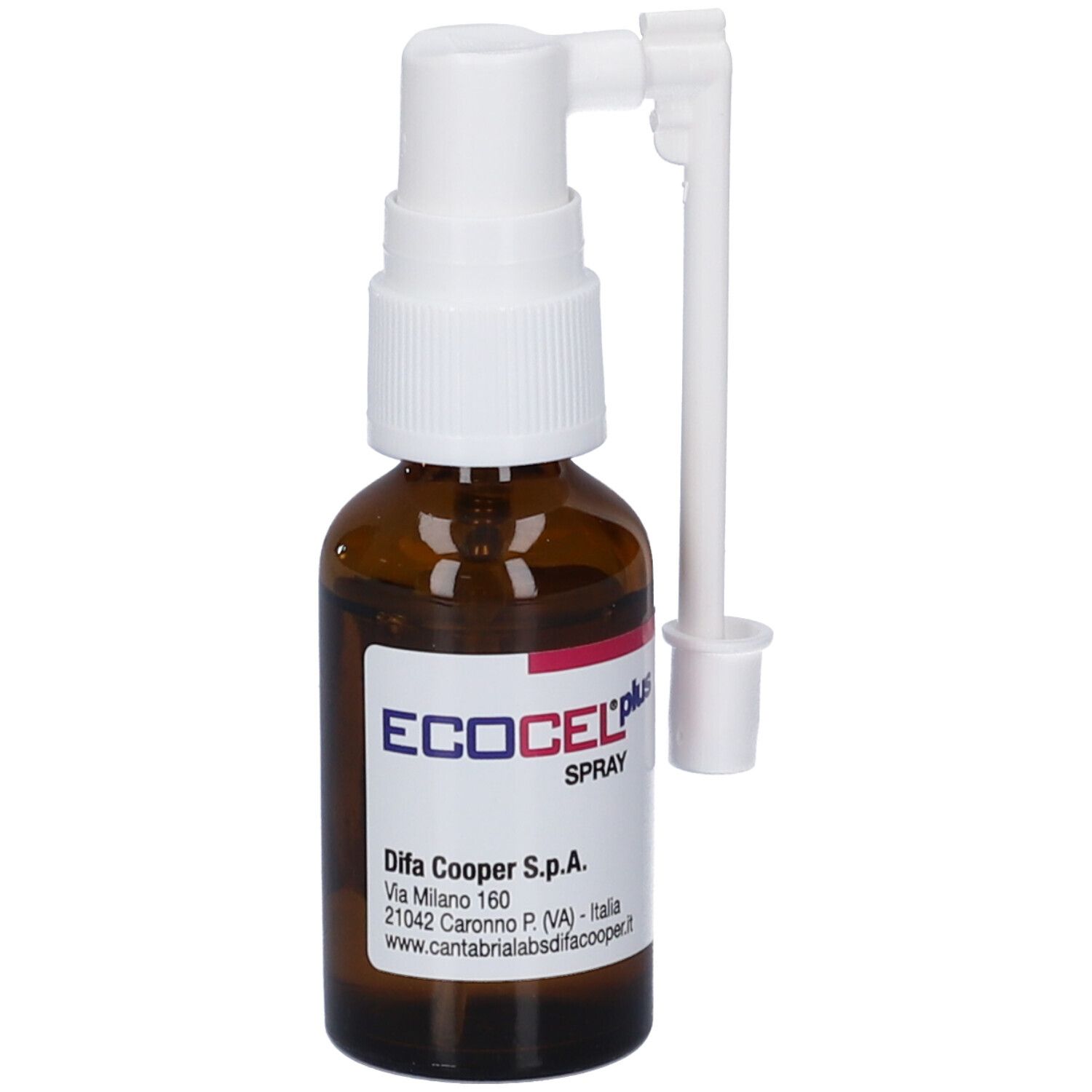 Braune Glasflasche mit Sprühaufsatz und Etikett 'ECOCEL plus SPRAY'.