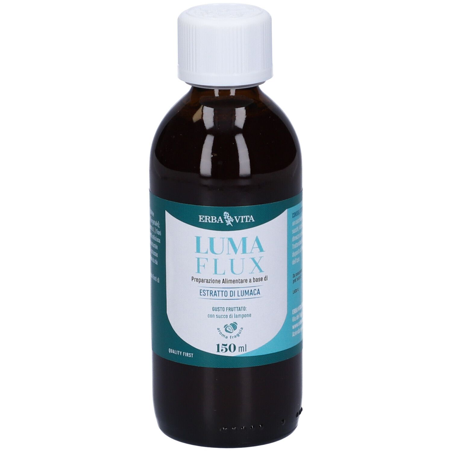 Flacone di vetro marrone con tappo bianco. Etichetta con nome del prodotto e ingredienti. 150 ml.