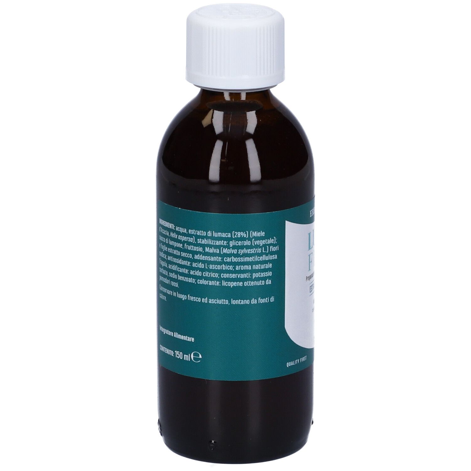 Flacone di vetro marrone con tappo bianco. Etichetta con ingredienti. 150 ml.