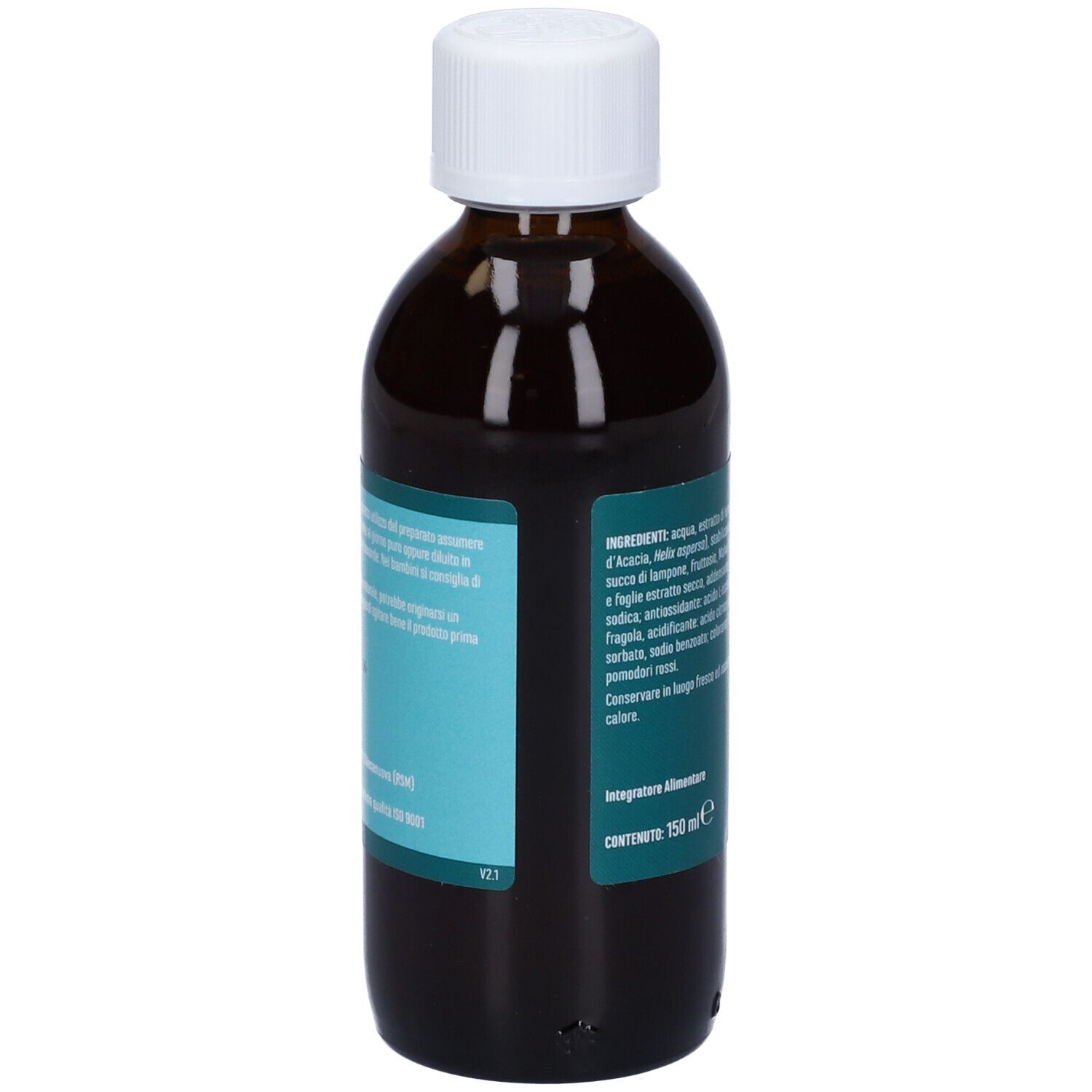 Flacone di vetro marrone con tappo bianco. Etichetta con ingredienti. 150 ml.