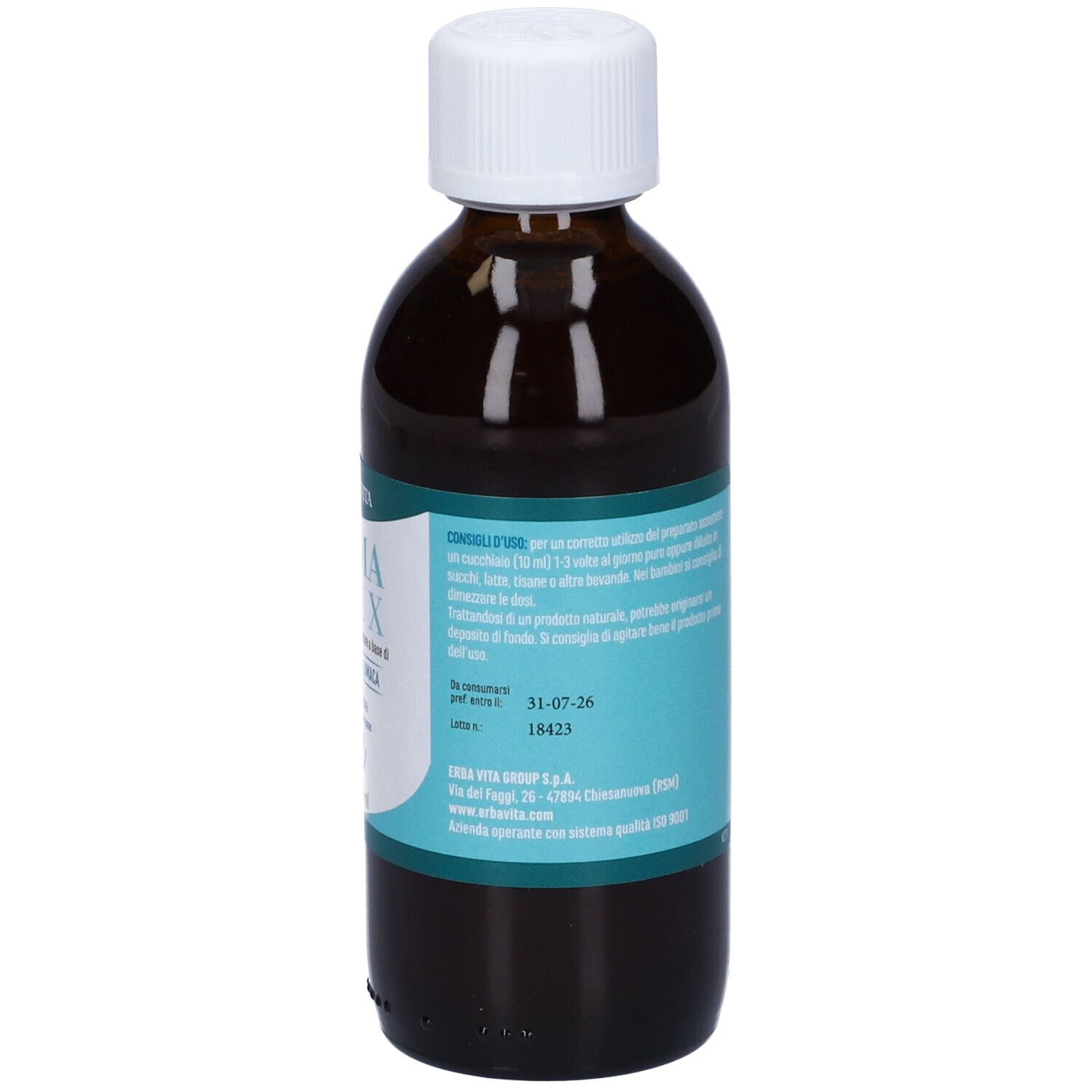 Flacone di vetro marrone con tappo bianco. Etichetta con consigli d'uso. 150 ml.