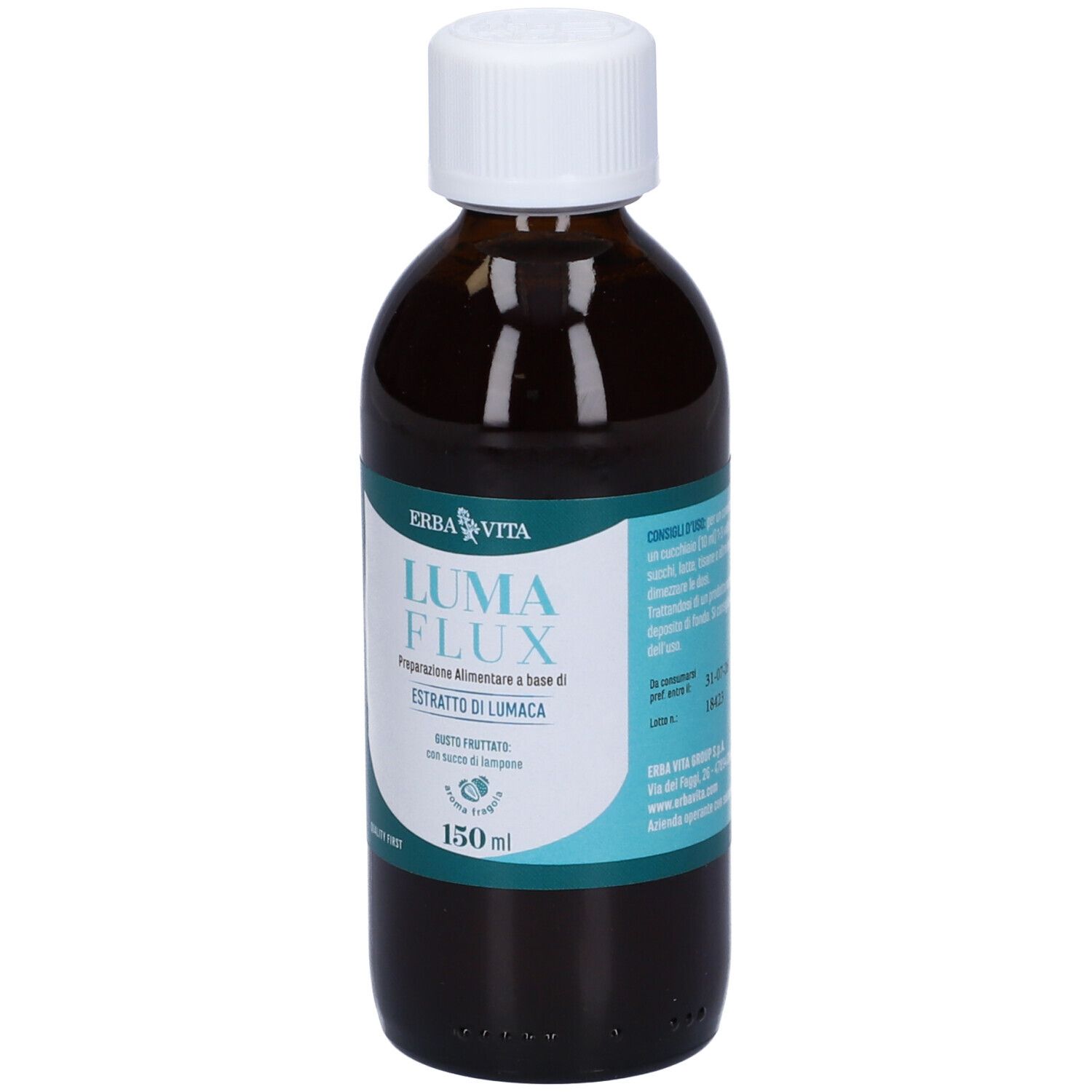 Flacone di vetro marrone con tappo bianco. Etichetta con nome e ingredienti. 150 ml.