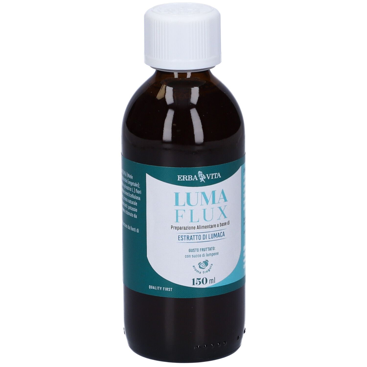 Flacone di vetro marrone con tappo bianco. Etichetta con nome e ingredienti. 150 ml.