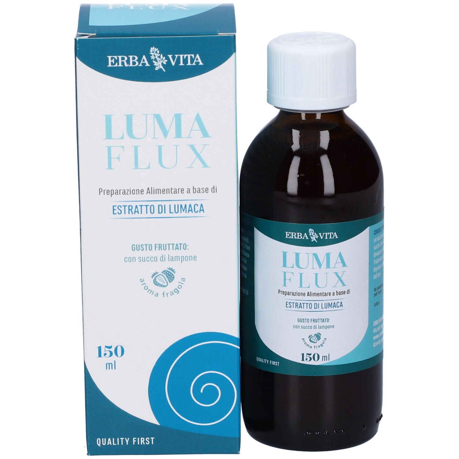 Flacone e confezione. Flacone con tappo bianco, confezione blu e bianca. 150 ml.